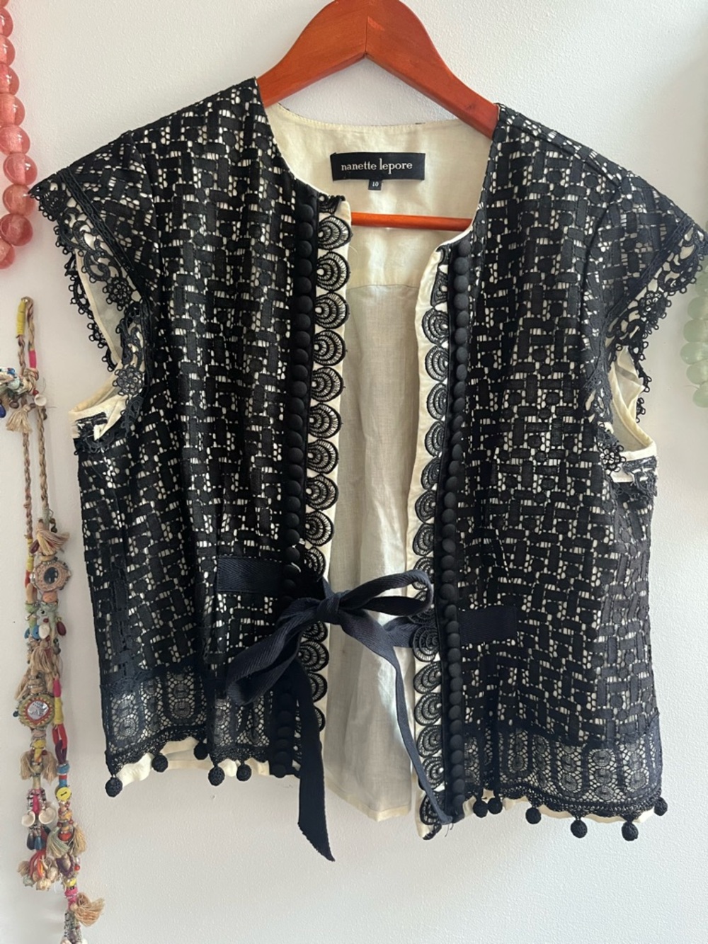 Nanette Lepore Black Lace Overlay Tie-Front Tunic Vest